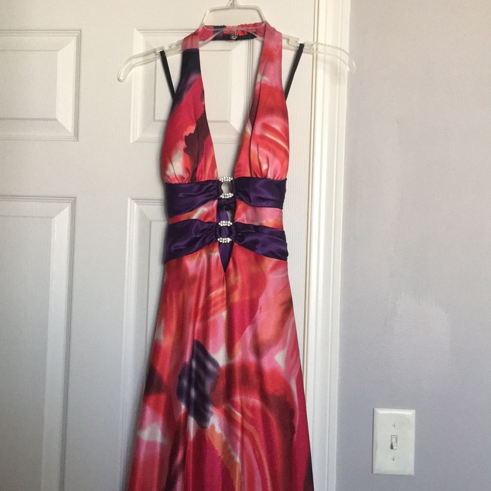 Halter top open back floral prom dress